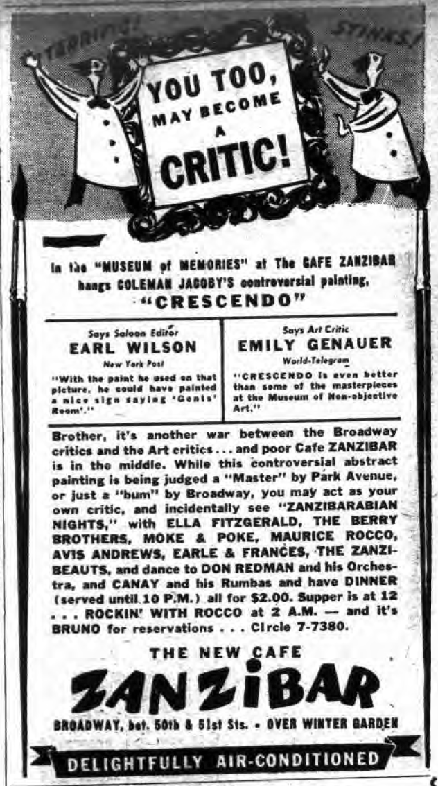 1943 0801 NY Post New Cafe Zanzibar ad become a critic.png